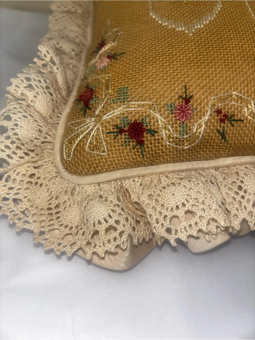 Vintage needlepoint lace and satin Noel pillow